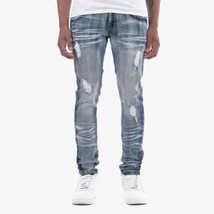 YUEGE Custom Stacked Distressed Ripped Whinskered Slim Stretch Style Jean Für Man Denim Pants