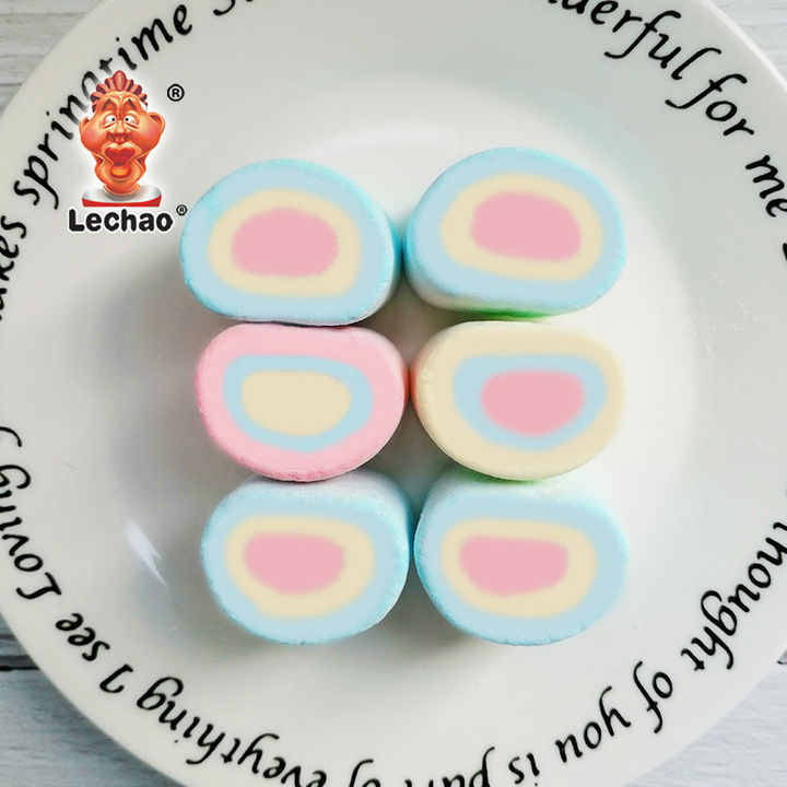 Halal Fruit Marshmallow Multicolor Roll Shaped Cotton Candy Two Colors Cube Marshmallow Candies Sweets
