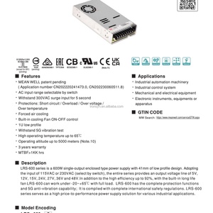 Transformateur élévateur électrique compact Meanwell LRS-600-27 homologué, 600W, sortie unique, protection contre les surcharges et les courts-circuits, 120V à 240V - Product Image 3