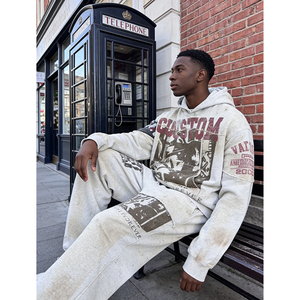 Sweat à capuche pour homme, coupe ample, blanc, impression numérique personnalisée OEM, streetwear, 400 GSM, effet vieilli - Product Image 3