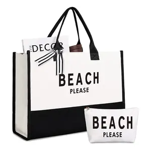 2023 bolso de playa de algodón de lona en blanco y negro personalizado logotipo impreso mujeres impermeable señoras playa regalo compras bolso de mano bolsos