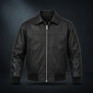 Blouson bomber en cuir véritable noir pour homme, col rabattu, fermeture éclair, style motard - Product Image 3