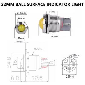 22mm niken-mạ đồng thau phẳng pin150mm dây tín hiệu thí điểm đèn LED chỉ số ánh sáng 12V 24V 36V 48V 110V 220V - Product Image 3