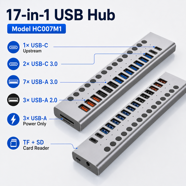 HC007M1 17 Ports USB Hub 5Gbps USB-C/A with 15x Individual Switches TF/SD Reader 12V Power in Stock