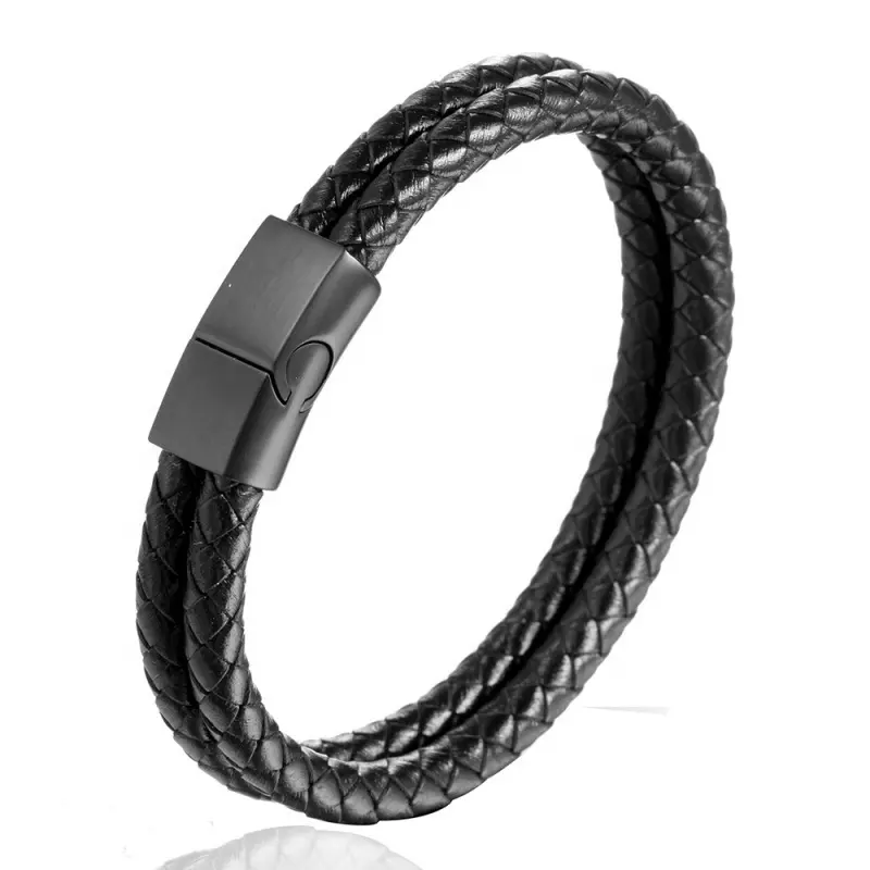 Men Double Strand Cowhide Leather Cord Bracelet, Custom Engraved logo Stainless Steel Magnetic Clasp Leather Wristband
