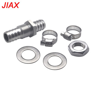 1/2" <b>Hose</b> Barb Bulkhead Fitting, Stainless Steel Double Barbed Straight Through Connector with Hex Nut & <b>Clamps</b> - Product Image 2