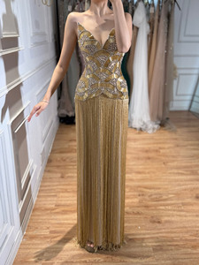 Serene Hill LA73748 Luxury <strong>Gold</strong> Fringe Evening <strong>Dress</strong> 2026 Strapless Beaded Tassel Formal <strong>Party</strong> Gowns for Women - Product Image 2
