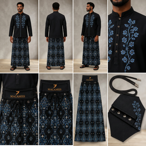Ensemble kurta en coton noir brodé pour hommes adultes avec motif floral et jupe à cordon de serrage respirant - Product Image 3