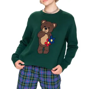 定制工厂可爱泰迪熊针织套头衫深绿色毛衣马球泰迪熊毛衣
