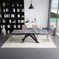 Table à manger rectangulaire extensible moderne en pierre frittée avec base en bois et pieds en métal pour la maison, l'hôtel, l'appartement