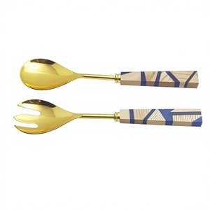 Eco-Friendly Golden Stainless Steel <b>Salad</b> <b>Server</b> with Wood & Resin Handmade Handle Dishwasher Safe Set of 2 for Kitchen Use - Product Image 4