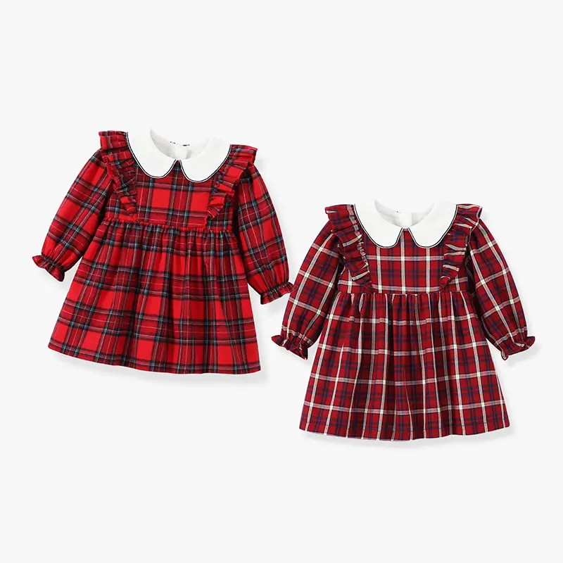 New Arrival Boutique Baby Girls Clothing 100%Cotton Long Sleeve Christmas Toddler Girls Red Plaid Dress