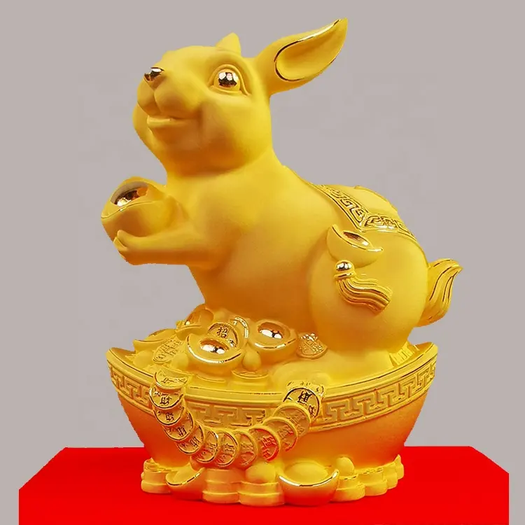 2023 New Design Cute Rabbit Chinese Zodiac Rabbit 24k Golden Rabbit Gift Collectible Figurines Table Decor Statue