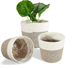2024 New Design Polyester Ropes Woven Plant Basket Green Stripe Hanging Planter Handmade Flower Pot Stand