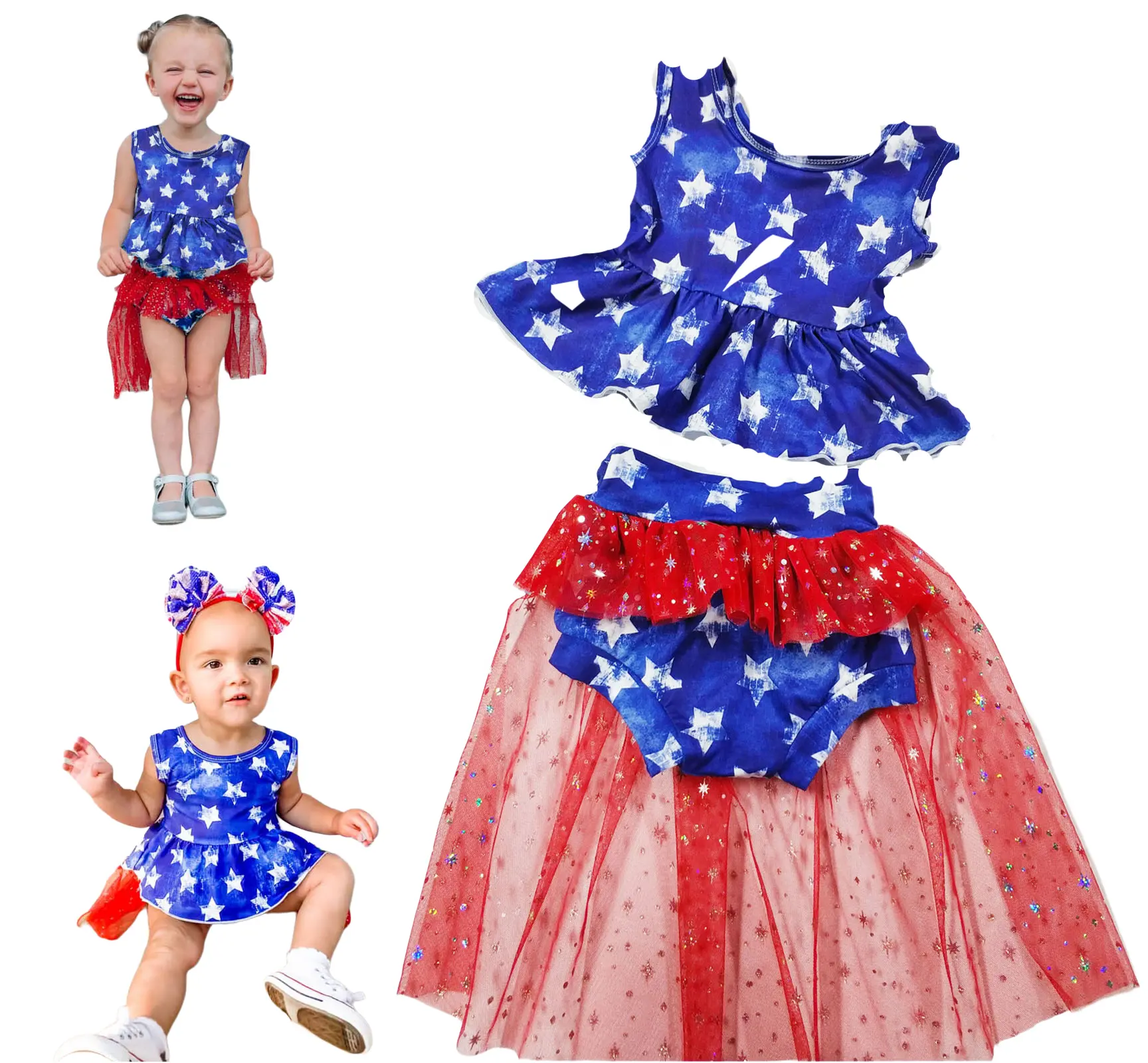 New Fashion 4th of july clothing Baby Girls Sequins Tutu Stars Printed Skirt Tutu Dresses suit For toddler kids