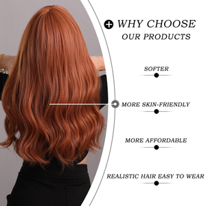 Perruque de <span class=keywords><strong>cheveux</strong></span> de gingembre longue perruque ondulée <span class=keywords><strong>frange</strong></span> pour femmes <span class=keywords><strong>cheveux</strong></span> naturels bouclés perruques synthétiques en cuivre pour femmes Cosplay quotidien résistant à la chaleur - Product Image 4
