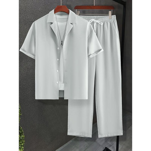 Özel logo erkekler's eşofman rahat gevşek artı boyutu kısa kollu düğme gömlek şort 2 adet Jogger takım rahat kısa erkekler için Set - Product Image 1