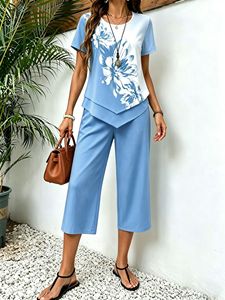Conjunto de 2 piezas con estampado floral de nueva moda para mujer, top de manga corta con dobladillo asimétrico + pantalones cortos, conjunto informal de verano - Product Image 3