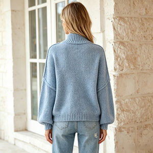 Cardigan Formale da <span class=keywords><strong>Donna</strong></span> in Acrilico Blu Polvere, Lavorazione a <span class=keywords><strong>Maglia</strong></span> Solida Traspirante, Collo Tondo, Bottoni Dorati, Maniche Regolari, Vestibilità Ampia per l'Autunno - Product Image 2