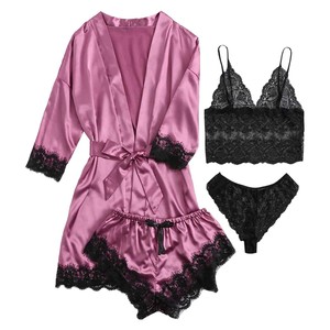 Quattro pezzi neri Set comode camicie <span class=keywords><strong>da</strong></span> <span class=keywords><strong>notte</strong></span> con rifiniture in pizzo e pantaloni termici e Sexy per le donne per l'autunno e la primavera - Product Image 3