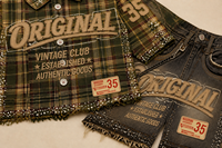Ensemble 2 pièces personnalisé de haute qualité : Chemise à carreaux avec logo et short en jean, orné de strass, boutons décoratifs, survêtement court pour homme
