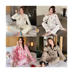 Grosir set piyama wanita lengan panjang, baju tidur wanita musim panas berkualitas tinggi dengan bukaan sutra musim semi kasual tipis