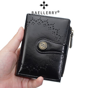 Baellerry Women's <b>Wallet</b> Pu Leather Snap Button Zipper Card <b>Holder</b> 4 Inch Black Hollow Design Everyday Use - Product Image 1