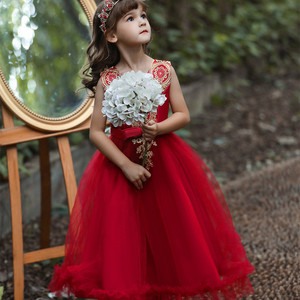 Princess Dress For Girls V Neck Ball Gown Red Tulle Flower Girl Dress With Gold Embroidery Kids Formal Wear - Product Image 2