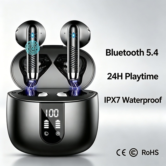 Factory Wholesale HE-050A TWS Earbuds BTV5.4 LED Digital Display IPX7 Waterproof 24H Playtime Touch Wireless In-Ear Hi-Fi Sound