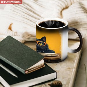 Frosted Black 11oz <b>Ceramic</b> Mug Heat Changing <b>Cup</b> With Cat Painting Design - Product Image 3