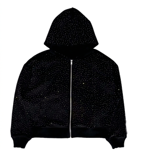 Heavyweight Cotton Fleece <b>Cropped</b> <b>Hoodie</b> Rhinestone Star Pattern <b>Zip</b> <b>Up</b> Vintage Acid Wash Oversized Streetwear Hoodies - Product Image 1