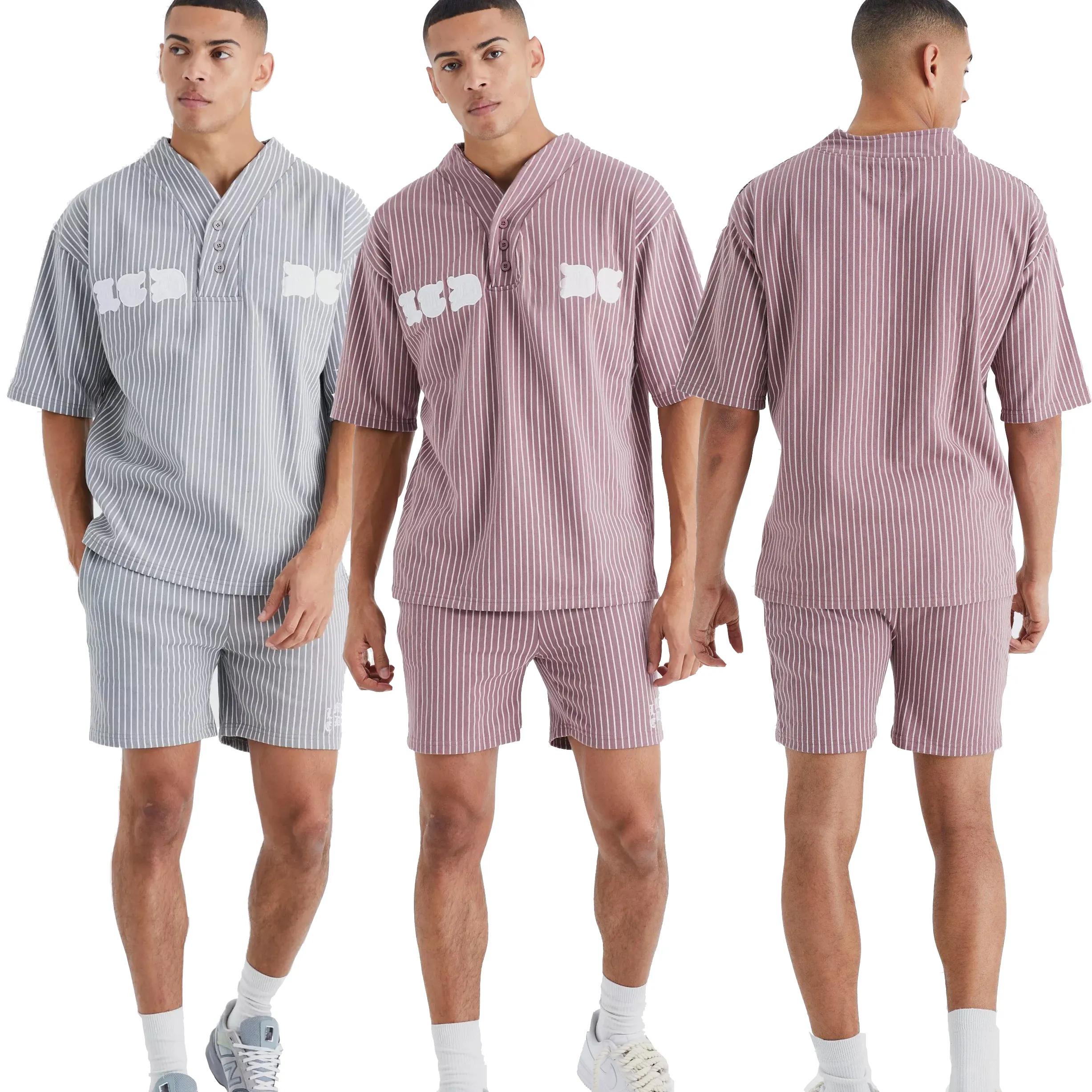 Individuelle hochwertige Stickerei Patch Pinstripe Baseball Polo-Shirt und Shorts Trainingsanzug Set Rundhalsausschnitt Herren Zweiteiliger Trainingsanzug