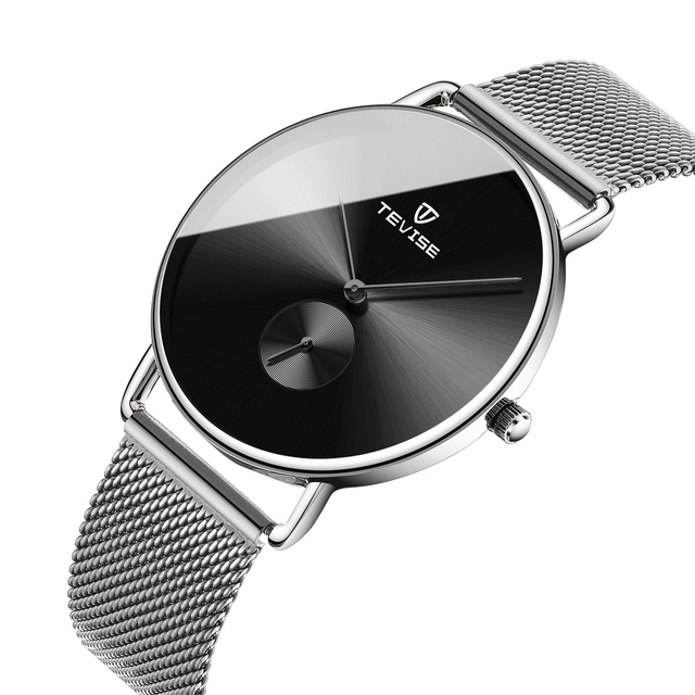 TEVISE T08S Simple Design Ultra Thin Big Dial Watch Quartz Movement Mesh Steel Band Minimalism Casual Waterproof Watches for Men