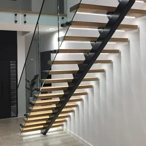 Hot Sale MONO Stringer Stair Wood Tread With Ultra Modern Glass Railing Staircase