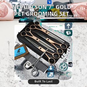 Ensemble de 3 ciseaux de toilettage pour animaux de compagnie en acier inoxydable NEPURLson de 7,0 pouces, écologiques, peinture couleur or champagne, dents denses - Product Image 2