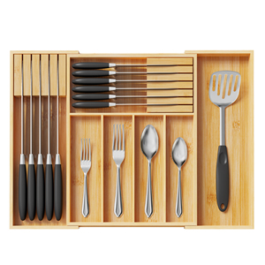 Bamboo Storage Drawer Organizer Kitchen Utensils Organizer with Knife Holder Rack Silverware Organizer