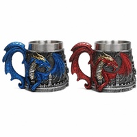 Chope à Bière Dragon 450ml Acier Inoxydable et Résine Corps en Relief Dragon Rouge 3D avec Anse Aile Dragon Rétro Cadeau