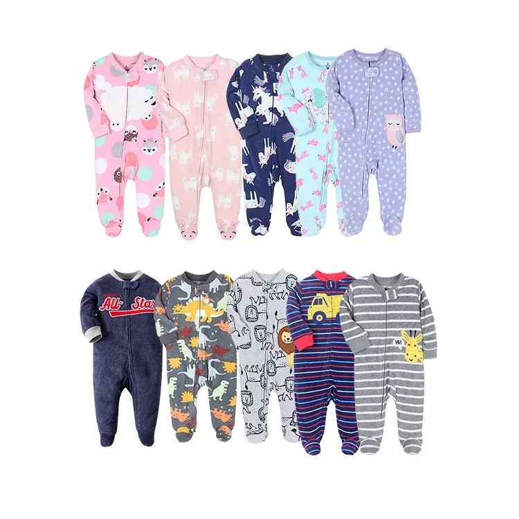 Nouveau-né hiver chaud dessin animé polaire combinaison fermeture éclair polaire bébé vêtements pyjamas avec pieds