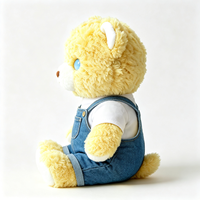 Boneka Beruang Kuning Keriting Custom dengan Overall Denim yang Dapat Dilepas, Mata Biru Lucu, Boneka Beruang Isi Dakron Lembut, Boneka Hewan Beruang Plush