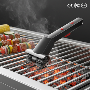 Cepillo de limpieza eléctrico pulverizable para <span class=keywords><strong>barbacoa</strong></span> con mango largo, doble rueda y cerdas duras de alambre de acero inoxidable - Product Image 1