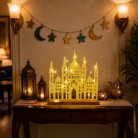 Décoration du Ramadan, lampe de table LED en forme de mosquée avec paillettes dorées, base en bois massif, Eid Mubarak, décoration festive pour la maison, piles AA
