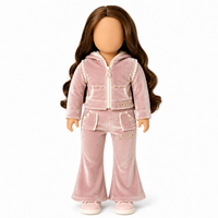 Ensemble de survêtement rose en velours personnalisé avec capuche, veste à logo décorée de perles et pantalon évasé pour poupée de mode de 18 pouces