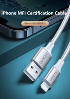 Kabel USB UGREEN USB2.0 A ke L, Kabel USB L Pengisian Cepat Berbahan Nilon Kepang untuk iPhone, Kabel Data dengan Cangkang Aluminium
