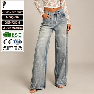 Jeans de Pierna Ancha de Cintura Alta Transpirables para Mujer, Diseño Personalizado, Pantalones de Mezclilla Lavados, Etiqueta Privada, para Club y Fiesta - Product Image 1