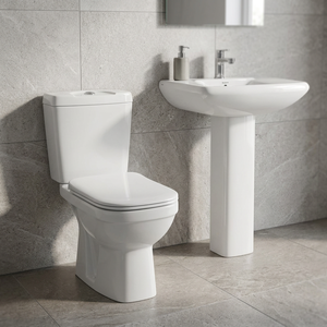 Ensemble WC et lavabo sur pied en céramique blanche moderne à double chasse simple pour hôtels, cuisines, salles de bain, sanitaires et bidets - Product Image 1