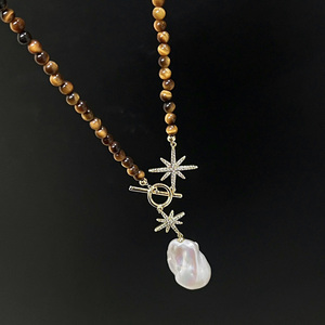 Collier avec pendentif en <span class=keywords><strong>perle</strong></span> d'eau douce naturelle <span class=keywords><strong>de</strong></span> 14-15 mm, pierre œil <span class=keywords><strong>de</strong></span> tigre, baroque, vente chaude, forme d'étoile, <span class=keywords><strong>boucle</strong></span> OT - Product Image 4