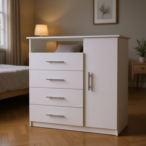 Commode blanche à 4 tiroirs, meuble de rangement moderne pour chambre à coucher, design autoportant en panneaux MDF - Product Image 2