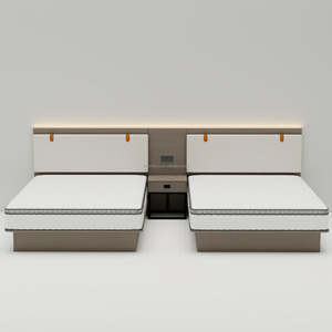 Contemporary 3 Star Hotel Bedroom Furniture Twin Bed Set Two Platform Bed Frame With Integrated Wood <b>Headboard</b> <b>Wall</b> & Nightstand - Product Image 2