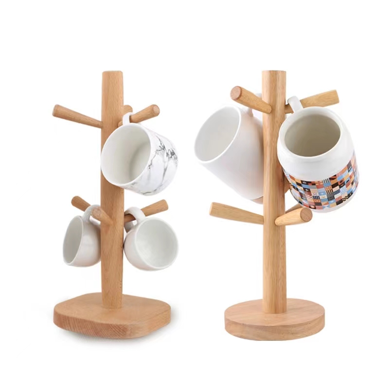 Coffee Tea Milk Base Handle Carrier Tree Hanging Stand Desk Tabletop Wooden Mug Holder