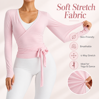 Haut de yoga croisé rose pour femme, à manches longues, style ballet, avec lien à nouer à la taille, coupe ajustée, pour le sport, la gym et le fitness